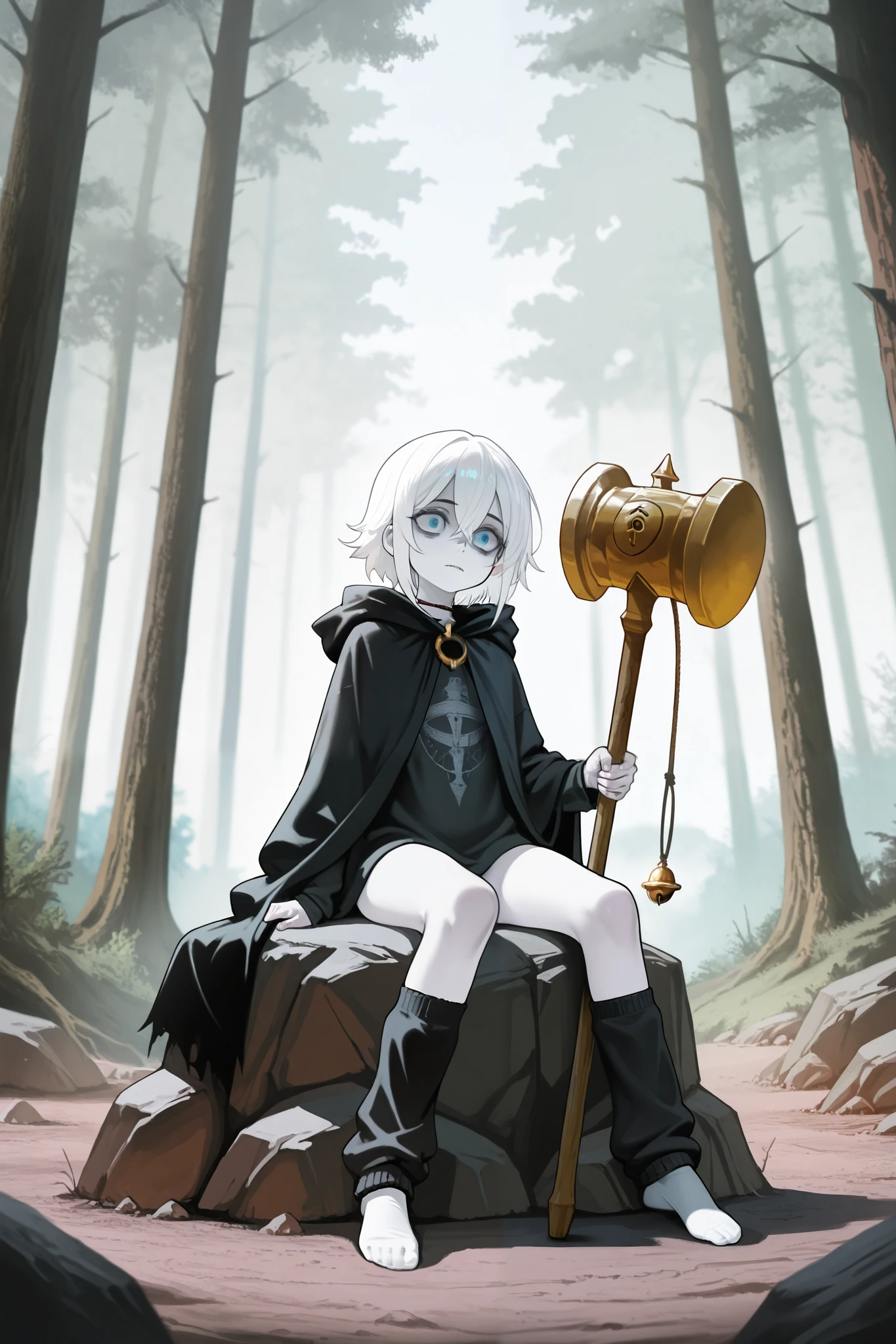 1 small thin man, pale skin,short white hair, gloomy face, distressed, wearing a black cloak, no pants, black fur leg warmers, no shoes, a golden bell tied around his neck, blue eyes, holding a long war hammer in his hand, sitting on a rock, against a forest background giving it a eerie atmosphere.