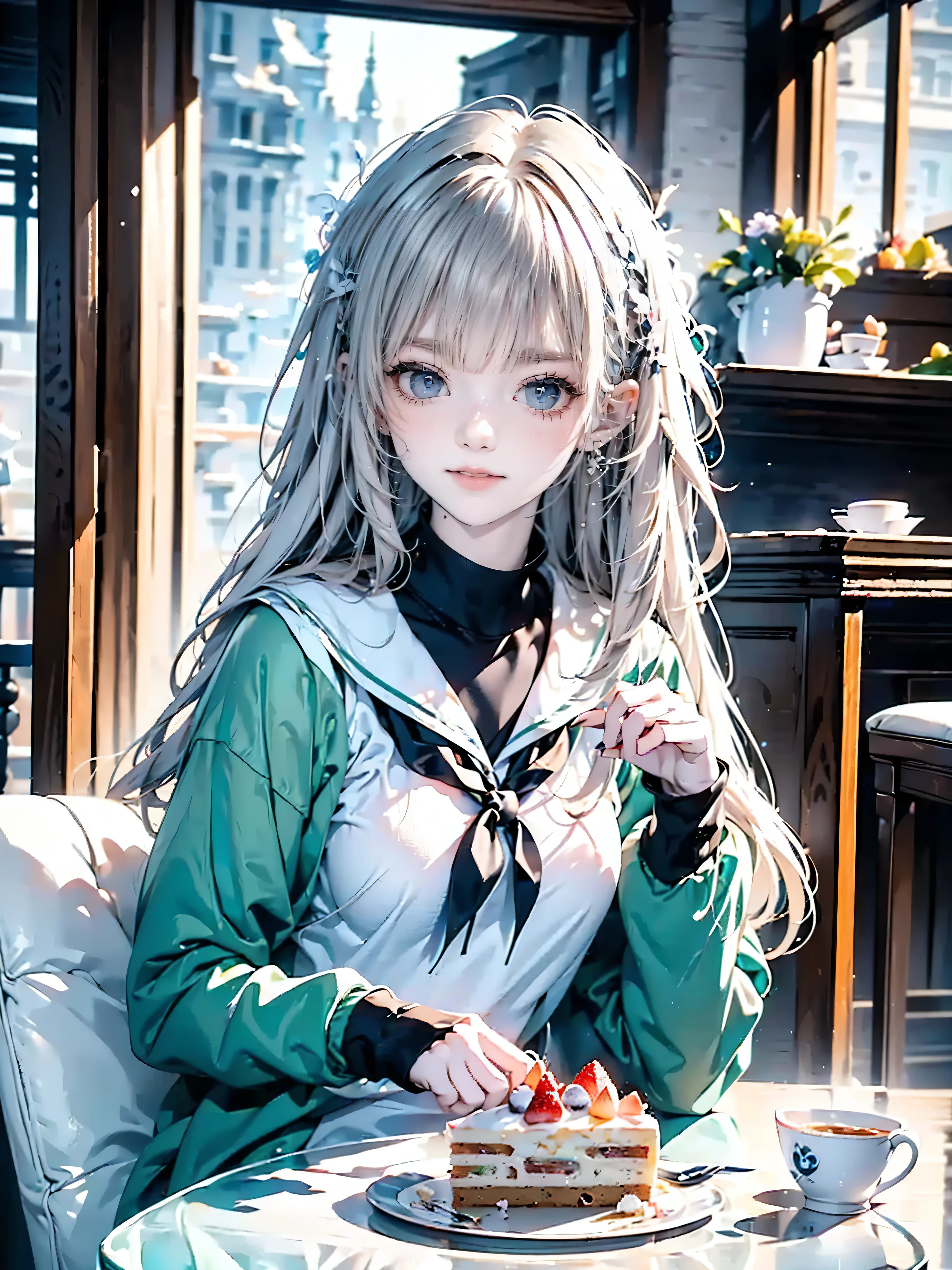 Highest quality, 8K, Highest quality, ((Odd-eyed high school girl)), ((Heterochromia, Crimson Eyes, Green Eyes)), ((Sparkling and delicate eyes)), ((Very accurate eyes)), (Platinum and purple long hair), Princess cut, ((Transparent and shining white skin)), Shiny skin, Very white skin, ((Very small )), ((Wearing a dark blue long-sleeved sailor uniform and eating cake in a cutely decorated cafe/restaurant)), Eating cake, ((Eating cake with a hawk in one hand)), Beautiful fruit cake, The action of eating cake, ((Detailed depiction of the cake)), ((Anatomically accurate depiction)), ((Detailed depiction down to the fingertips)), Smile, Very beautiful, Beautiful cafe/restaurant, Gentle light