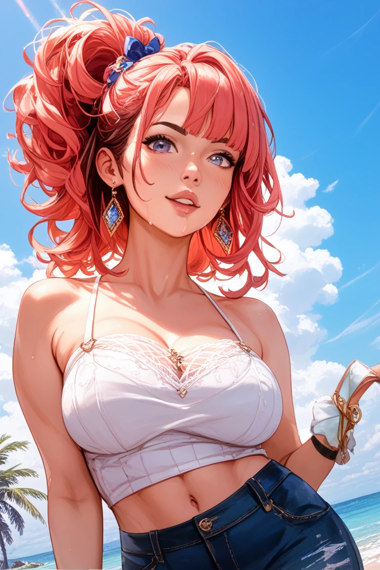 Cute girl, short curly pink hair, blue eyes, round glasses, big lips, white beaded necklace, white tank top, big breasts, exposed stomach, tattoos, short shorts, earring