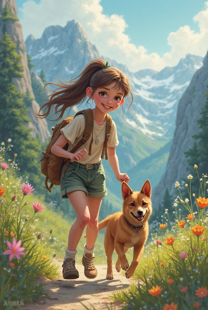 girl long hair, ponytail, Brunette adventure with a cute dog