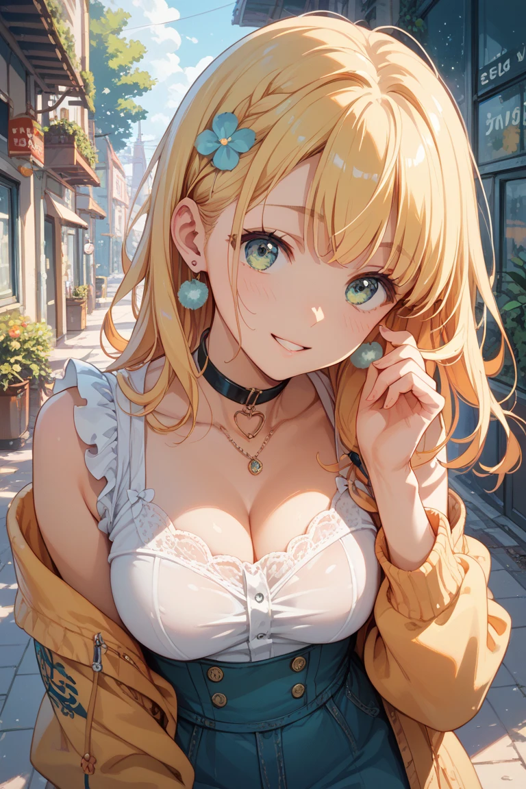 full body, (masterpiece), (best quality), ultra high res, ultra detailed, detailed eyes, intricate, 1girl, blond hair, looking at viewer, huge breasts, cleavage, collarbone, denim, denim shorts, jacket, long sleeves, ((open clothes)), open jacket, partially unzipped, yellow jacket, shirt, short shorts, shorts, tank top, track jacket, unzipped, ((huge breasts, big hips, tight clothes, cleavage, looking at the viewer)), (abs:0.8), blushed, underboob (realistic:1.2), (realism), (masterpiece:1.2), (best quality), (ultra detailed), (8k, 4k, intricate), (85mm), light particles, lighting, (highly detailed:1.2), (detailed face:1.2), (gradients), colorful, (detailed eyes:1.2), (detailed background), detailed landscape, (dynamic angle:1.2), (rule of third_composition:1.3), (Line of action:1.2)