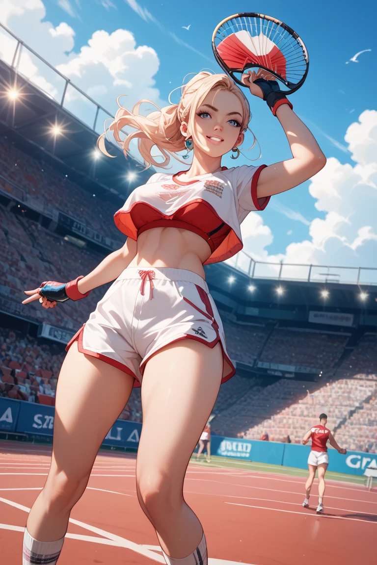 masterpiece, best quality, realistic, ultra detailed, SFW, 1girl, toned blonde high jumper in a stadium, high jump, sand, audience, competition, flood, night