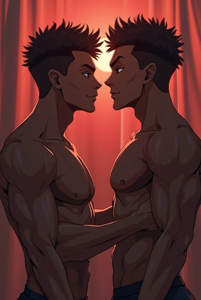 masterpiece, best quality, 2boys, kiss, bara, muscular male, (smug:1),(lingerie, garter belt:1.1), bra, large pectorals, male focus, manly, multiple boys