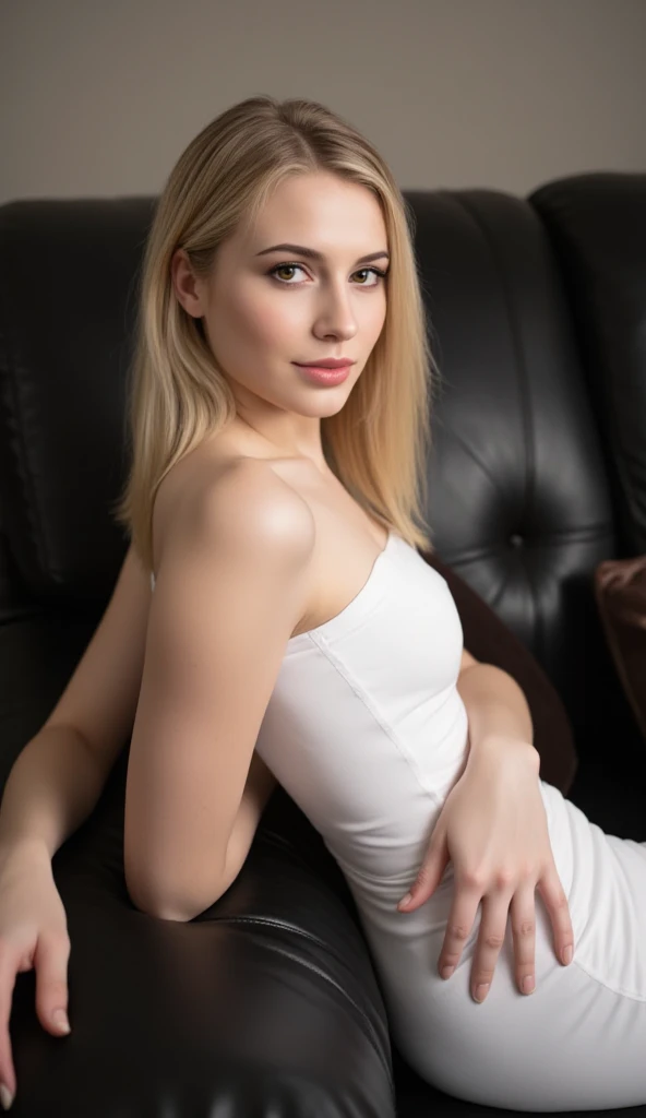 (best quality,4k,highres,masterpiece:1.2),ultra-detailed,(realistic,photorealistic,photo-realistic:1.37),HDR,UHD,studio lighting,ultra-fine painting,stunning blonde hair,sparkling blue eyes,porcelain skin,Prominent cheekbones,Subtle makeup,Polish origin,Gorgeous Slavic beauty,feminine charm,beautiful smile,white stockings,white shorts,white T-shirt with a neckline,leaning on an armchair,relaxed posture,vivid colors,soft lighting
