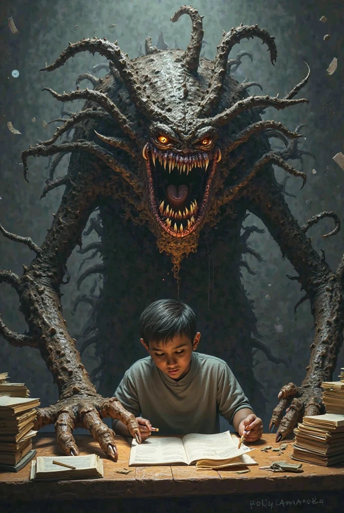 A older boy in an exam hall with a demon