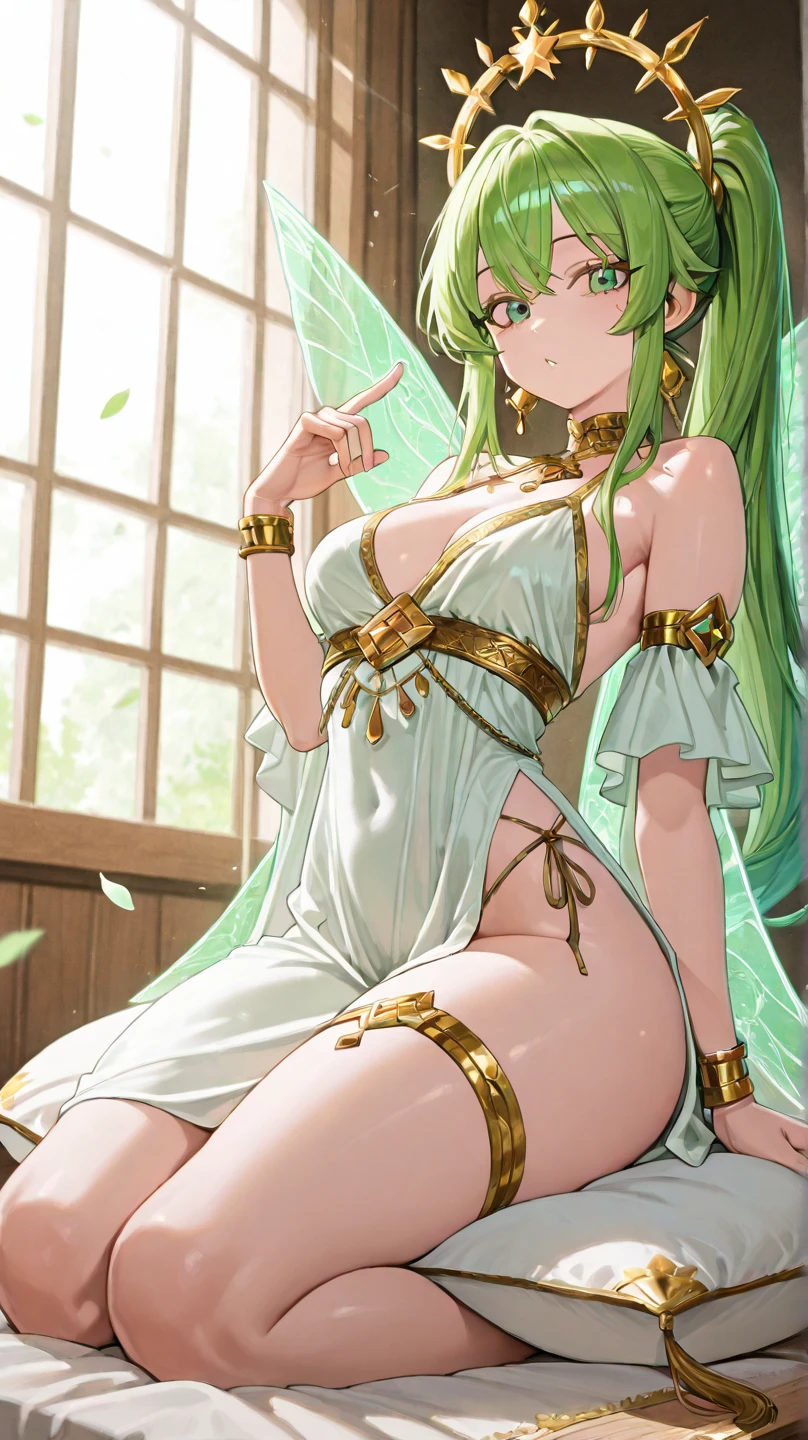 NSFW,((1man with 1woman,Having sex)),Lying down,light green hair,Green and white dresses are decorated with gold ornaments,Light and dignified, Cute, Top image quality,masutepiece