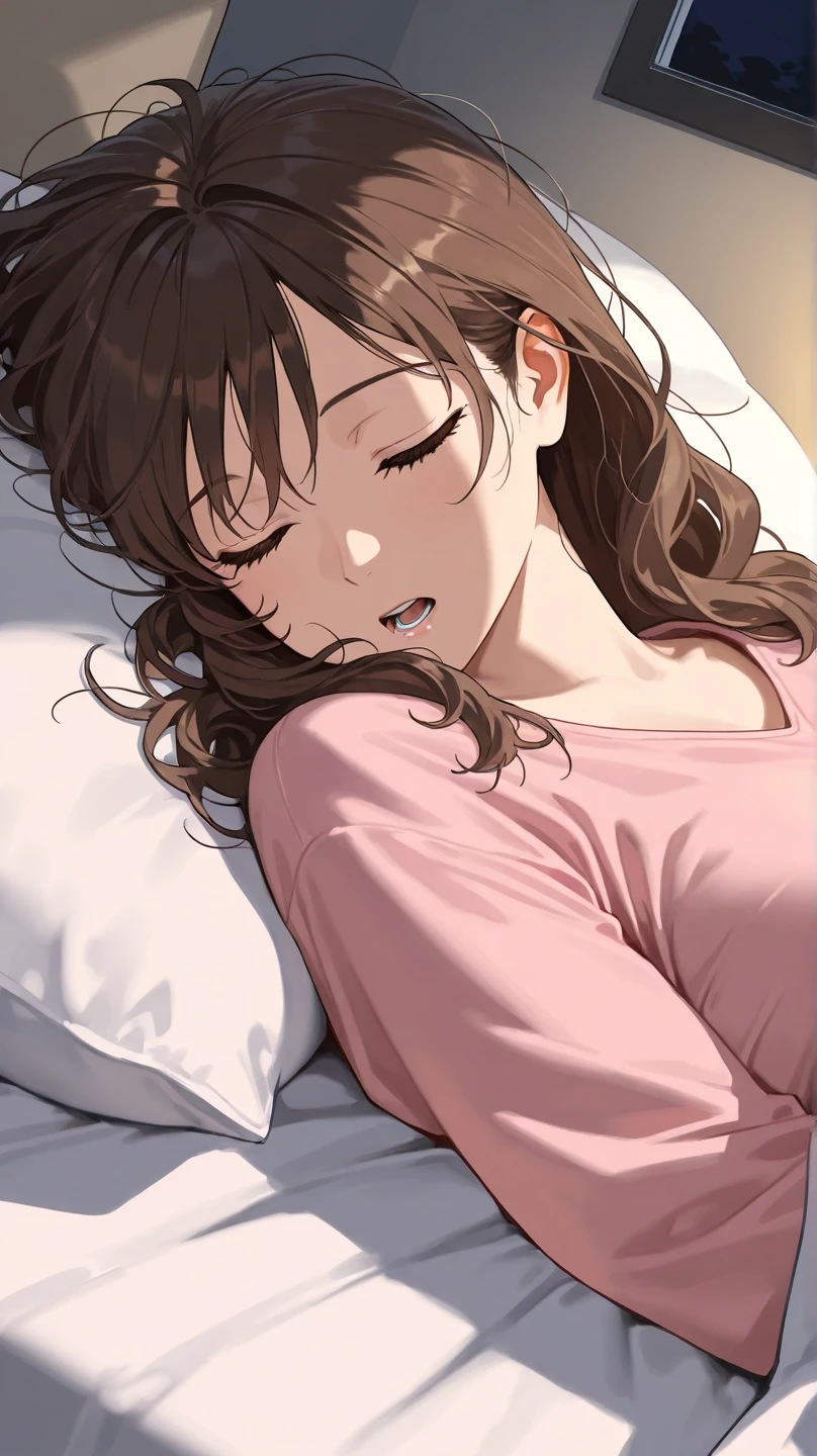 20 years old,1 mature woman,hyperrealistic, 8k, (extremely detailed 8k), (very delicate and beautiful), (masterpiece), (better quality:1.0), (ultra high resolution:1.0), (masterpiece, best quality),cute,black hair,cowboy shot,white background,realistic skin,lie on own stomach,big breasts,sleepy,hair over one eye,black nail,extra long hair,messy hair,pajamas