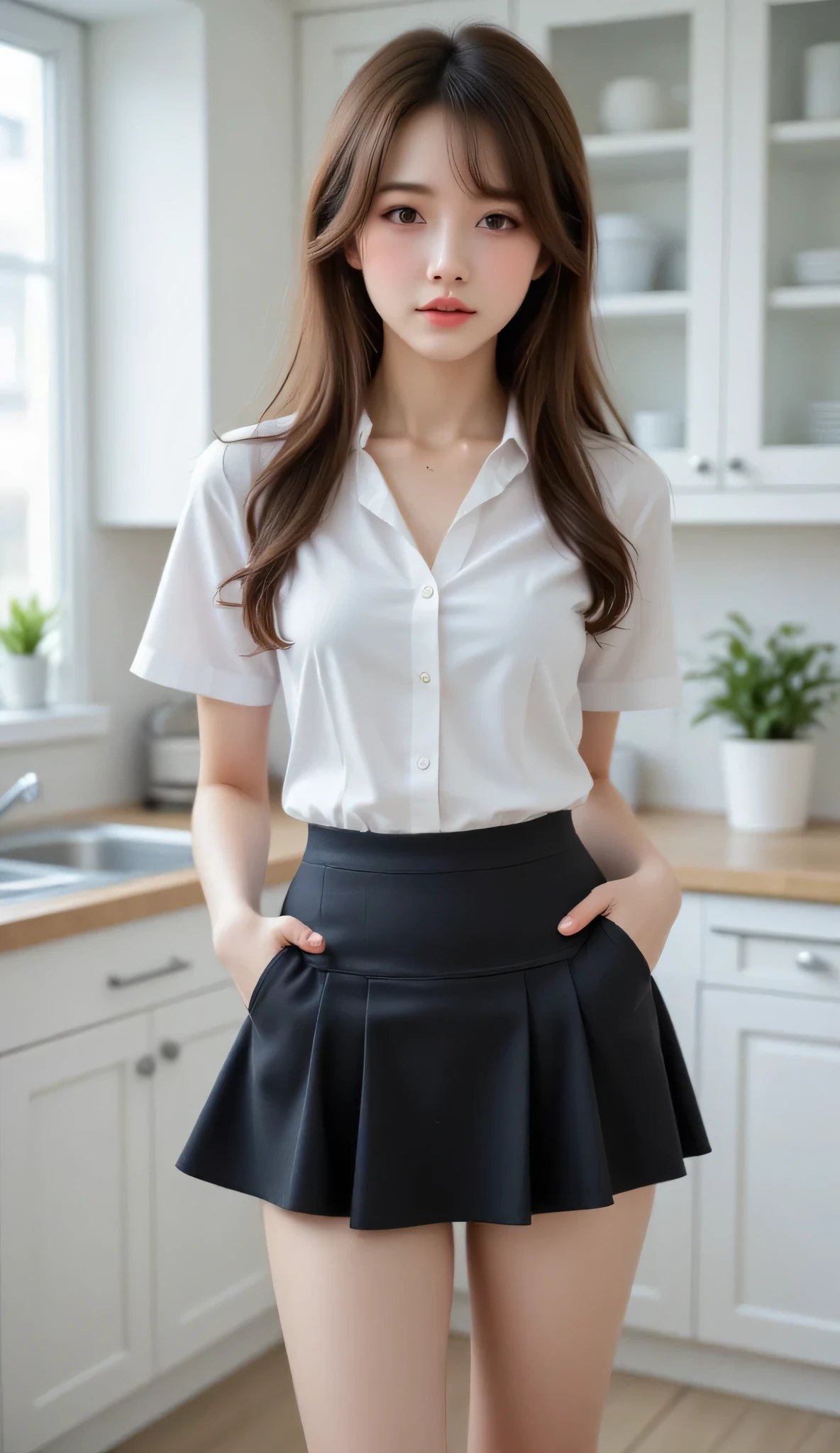 highest quality、16K high resolution、Super detailed、masterpiece、Live shooting、realistic:1.4、hyper realism:1.4、sharp focus、very delicate and beautiful、small details、1 female、(super beautiful)、(beautiful face:2)、(detailed face:1.5)、(detailed and beautiful eyes:1.1)、Perfect round eyes、(detailed lips:1.1)、(lipstick:1.1)、(nose details:1.1)、(Gal K-Pop)、(slutty makeup)、(fine hair)、(above the knee shot:1.1)、(Starbucks clerk in Japan)、(starbucks uniform:1.3)、(green mini skirt:1.4)、(Lift up your skirt and reveal your white panties:1.4)、(white panties)、(barefoot:1.5)、(Clothes:1.1)、brown hair、(standing in a starbucks store)、(At SFW)