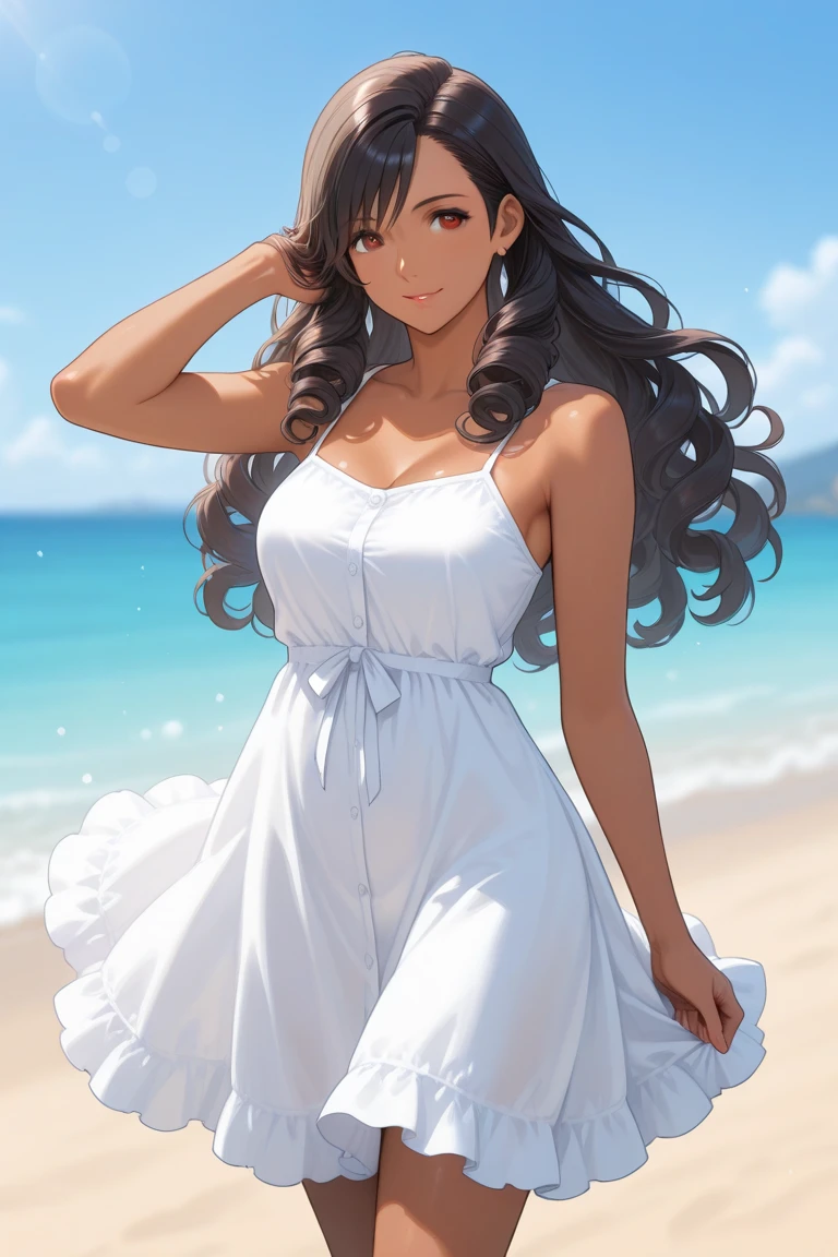(best quality:1.4), (ultra-detailed:1.3), (illustration:1.2), original, solo, portrait, 1girl, brown hair, long hair, green eyes, white sundress, no panties, smile, closed mouth, blush, walking, beach, nsfw