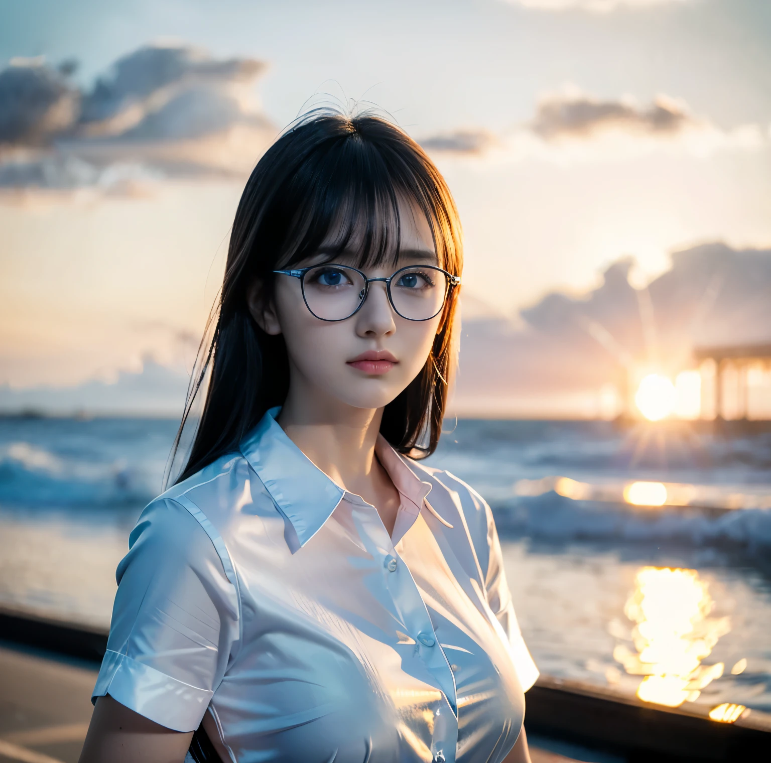 8K quality, pictures, Two beautiful men and beautiful women, Beautiful like a goddess, The backlight of the intense sunset is dazzling, Above chest, (A shirt with no exposure at all:1.2), (Fine silver glasses:1.2), (Brilliant, beautiful, bright blue eyes:1.2), (Beautiful hair blowing in the wind), (White Porcelain Whitening Skin), Half up with bangs, Big Breasts, Photograph,