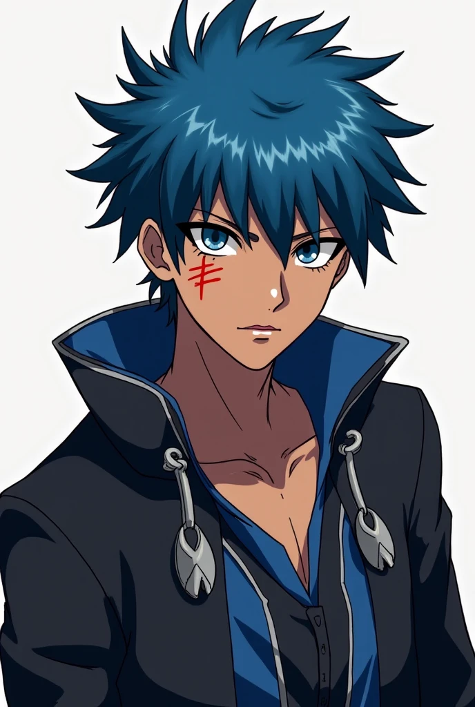 Make me a kimetsu no yaiba style demon card, blue haired man