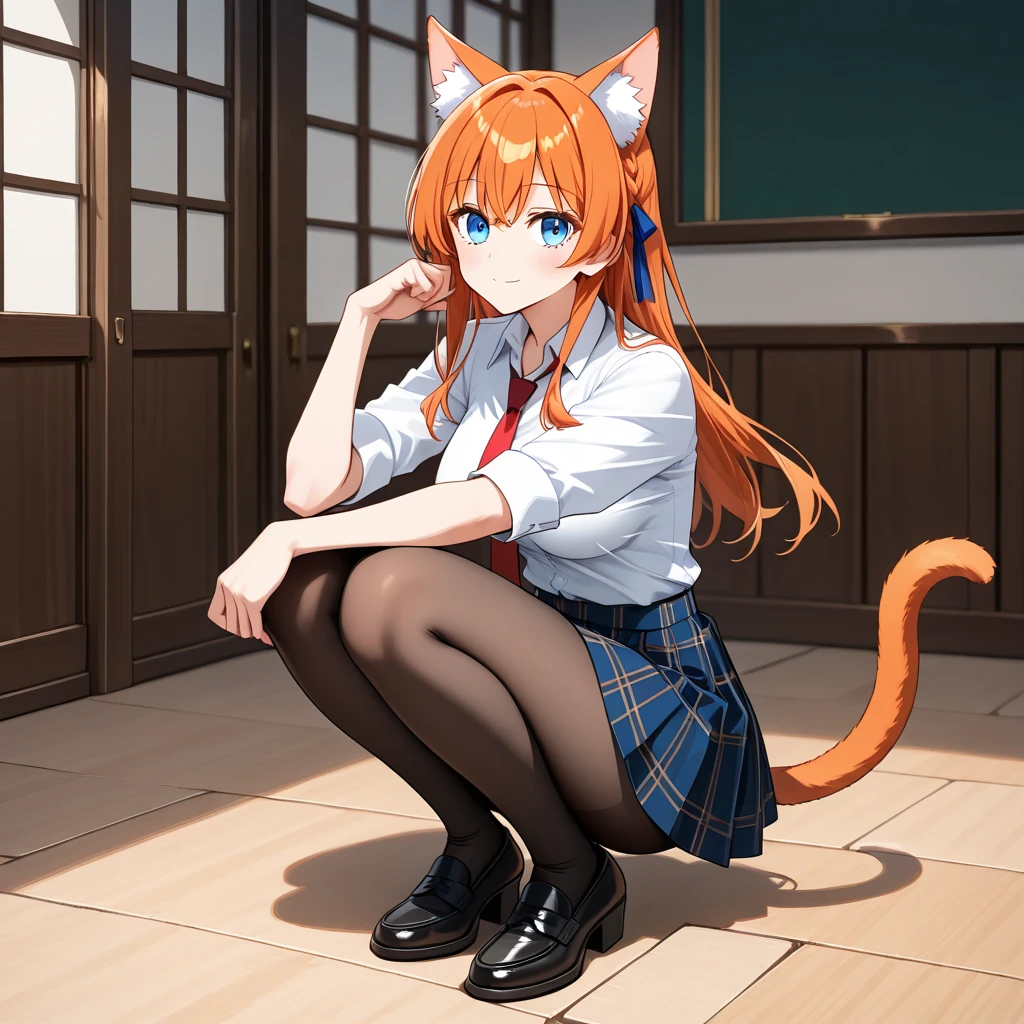 anime girl, 1 person, orange hair, glasses, Crown,maid,fox ear, Fox's tail, front view, big breasts, tights, sitting on desk,exposed chest, underwear, maid suit, shy, blushing, lifting skirt , bright sky, sitting cross-legged, high heels,exposed chest, underwear, middle-aged women, blushing, lifting skirt, showing off underwear, (full HD 4K+ image