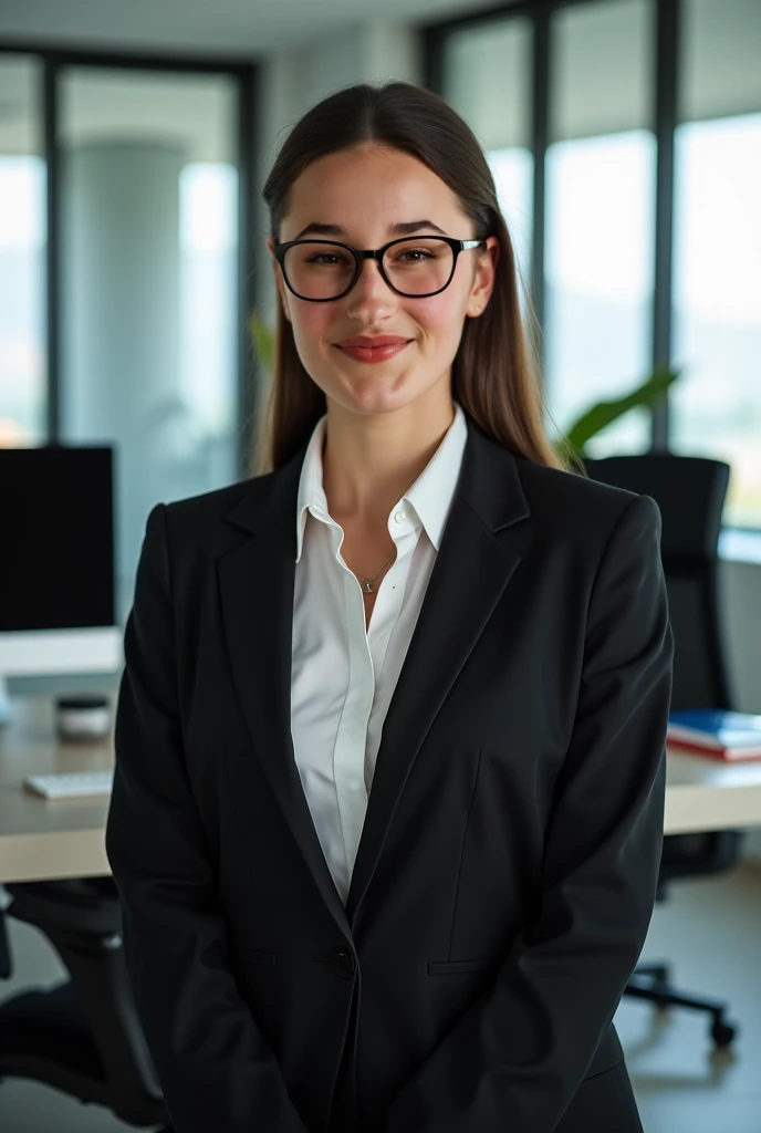 Girl in an office cubicle, in a black jacket and a white blouse, With Four of a Kind, spectacled, European appearance 