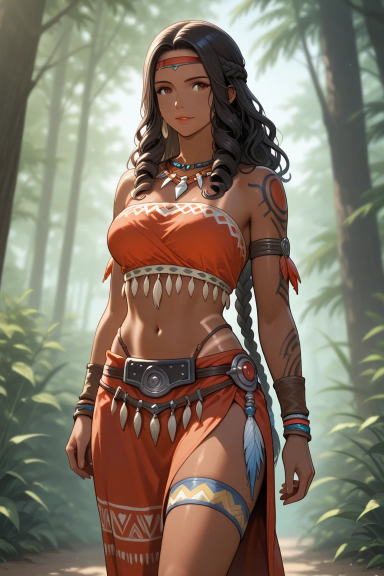 Amazone girl, ((brown skin)), indigenous tattoo, in forest, hunting pose, brown style hair, ((gray eyes)), arrow in hand, muscle body, tribal clothes