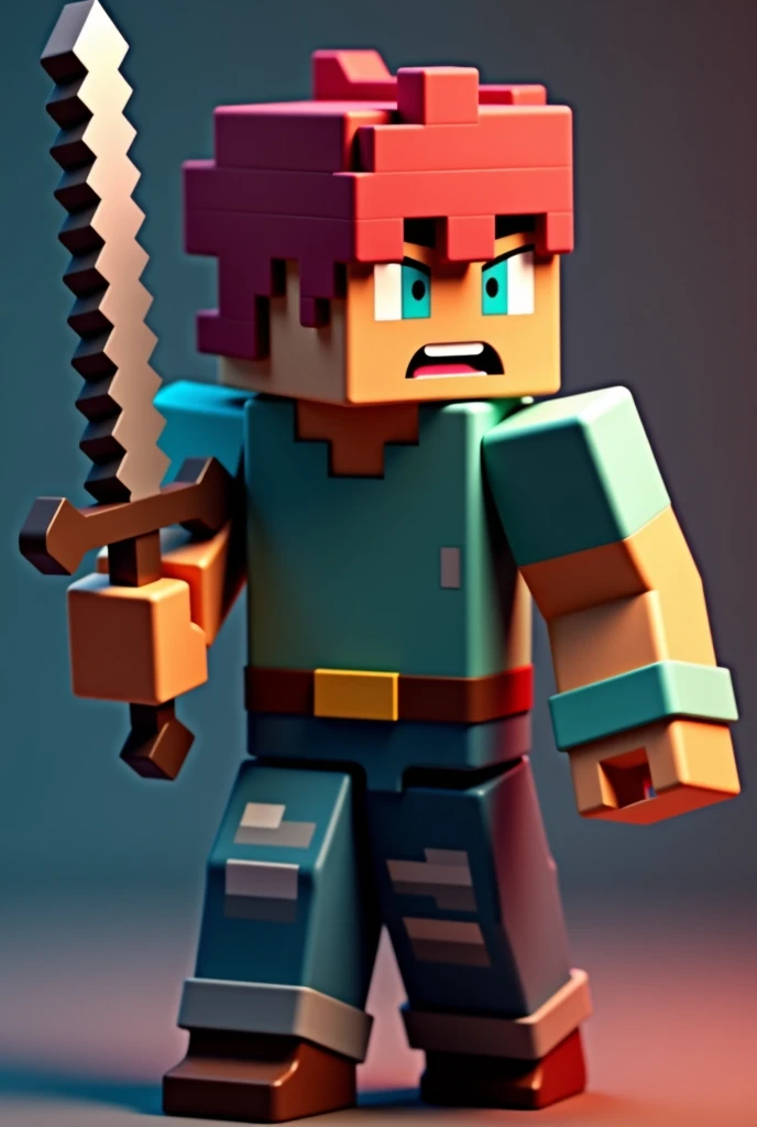 A Minecraft character standing Without a shirt or t-shirt holding a diamond sword. A hat on his head. Wearing a black color pant with a nice shoe. Beautiful bright light from front. Minecraft character Close view. 3D minecraft character