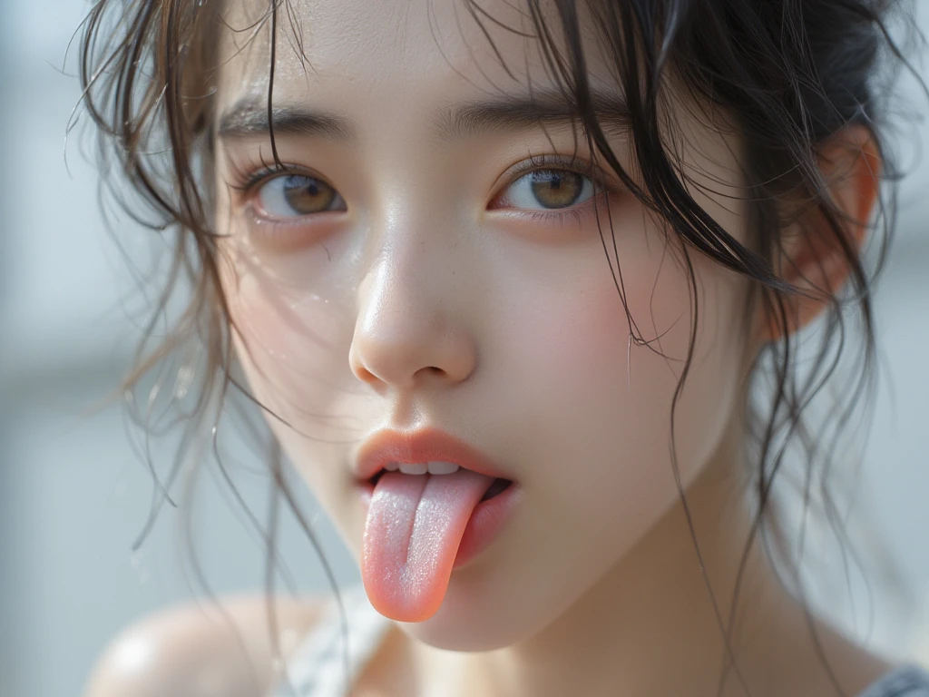 ((highest quality)),(超A high resolution),(Very detailed),(Detailed Description),((The best CG)),(masterpiece),Very detailedなアート、(highest quality、8k、32k、masterpiece)、(Realistic)、(Realistic:1.2)、(High resolution)、Very detailed, (Close-up face:1.6), Very beautiful face and eyes, Big eyes, 1 female、Tight waist、Delicate body、(highest quality、Attention to detail、Rich skin detail)、(highest quality、8k、Oil paints:1.2)、Very detailed、(Realistic、Realistic:1.37)、Bright colors、(Casual Fashion:1.3Realistic nostrils、Angle from below、Elongated C-shaped nostrils、、、Sweaty skin、Sweat accentuates shiny skin、((Sharp Nose))Skin shiny with sweat、Shiny skin、Big eyes、double eyelid、(My tongue is wet and shiny) ((Wet tongue)) ((Berokisu))10cm to camera lens、((Gray background,Semi-backlit,))