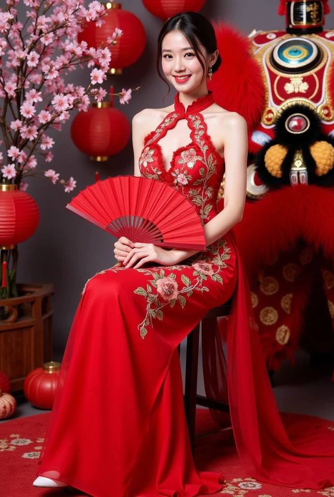 (realistic:1.3), finely detailed, quality, rembrandt lighting, (masterpiece:1.2), (photorealistic:1.2), (best quality), (detailed skin:1.3), (intricate details), dramatic, ray tracing, 1girl, chinese girl, 21 years old, detailed skin texture, (blush:0.5), (goosebumps:0.5), subsurface scattering, smiling, medium breasts, short hair curls, bangs, hair between eyes, lun4r_dr3ss,sexy, red cheongsam, gold embroidery, long sleeves, cleavage cutout, large ornate headdress with gems, high heels, full body, (bright sunny day, outdoors, (on the great wall of china, mountains, sky:1.2)), <lora:lun4r_dr3ss-06:0.8>