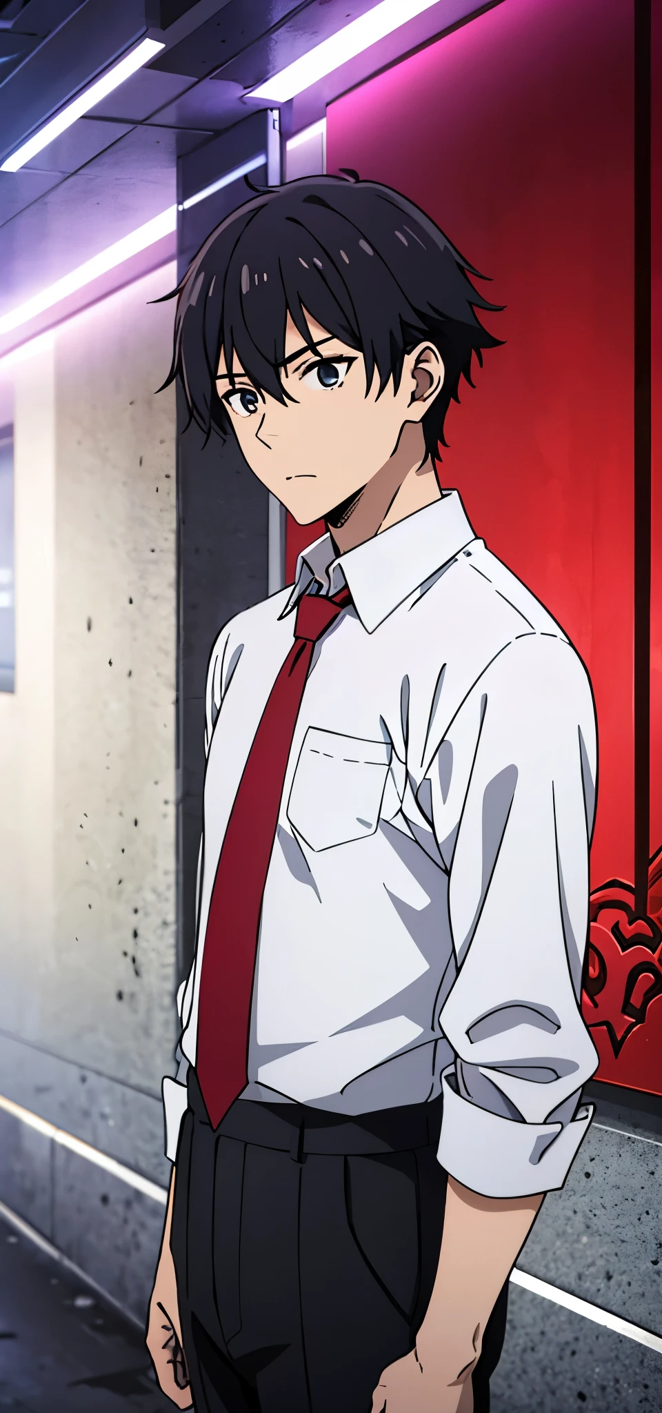 anime boy wearing white shirt, red tie, black pants, sleeves fold , sleeves folding