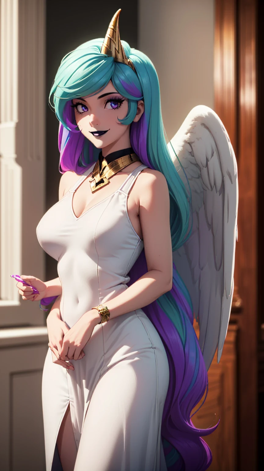 gran calidad ++ Extremely detailed high resolusionolution, very aesthetic, ojos expresivos, (((Cara perfecta))), (((face symmetrical))), ((good anatomy)), (((manos perfectas))), (((8k))), UHD, Fondo de pantalla HD, (((alta calidra detallada, (((((1girl)))))), solamente, Obra maestra, La mejor calidad, high resolusion, Altamente detallado, (illustration), hermosos ojos detallados, (((combatant))), (((1girl))), ((((cuerpo completo)))), (((((princess_celestia)))), ((((forma humana)))), (((((angelic smile))))), ((princesa celestia humanizada)), Celestia, Celestia de My Little Poni, celestia en forma de milf, Cabello largo y ondulado, (((goth girl))), (((gothic))), (((makeup))), (((black lips))), (((purple heart promise))), (((((white dress))))), (((milfication))), (((mature female))), (((big breasts))), (((white pony ears))), (((Dedos detallados))), (((((white angel wings))))), (((angel wings spread)))), (((cuerno de unicornio))), (((((hollowfication))))), Dedos precisos, Manos no antinaturales, strange eye, (((castillo))), interrior, hermoso trono, (((sentada))),

