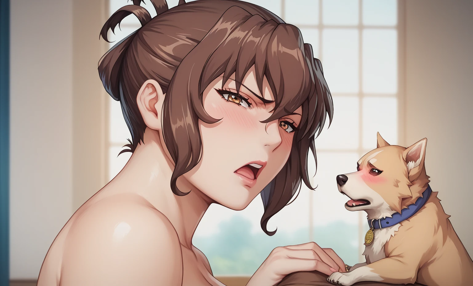 ((highest quality)), ((masterpiece)), (detailed), (Perfect Face)、(The woman is Princess Leona, with long, straight, light brown hair that she has down, a slender figure but a normal chest, a gentle smile, and is in a luxurious samurai mansion. The woman is naked and wearing luxurious accessories such as earrings, a necklace, and bracelets.)、A husband and wife are naked, the woman is holding his penis and giving him a blowjob while masturbating with both hands, the man gives himself over to his wife, the husband is 60 years old and the wife is 32 years old、The man is a naked, dignified, bearded man named Oda Nobunaga, who has his penis between his legs sucked by a woman and ejaculates a large amount.、The woman smiles, looks up, and lovingly takes the penis covered in semen and saliva in her mouth and performs a blowjob with her tongue.