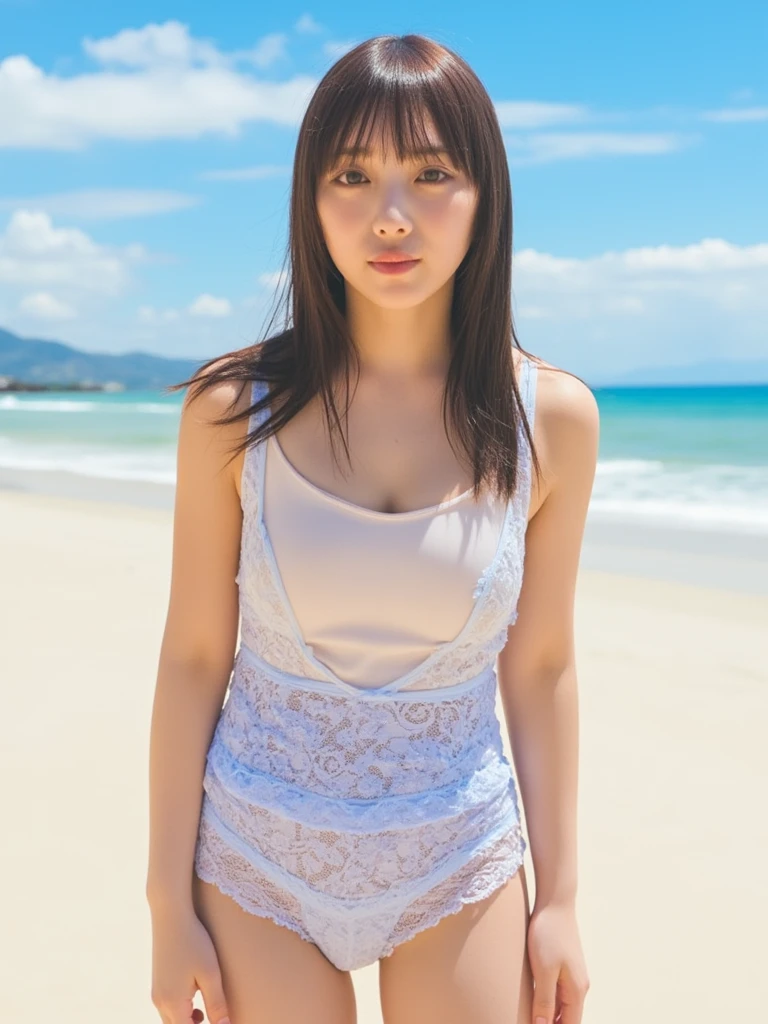 (((Best image quality、Highest quality、Super high quality 1.5、Super high quality 1.5、32k、8K、Ticker、RAW Photos、Extremely clear images、Extremely clear images quality、Photoreal 1.3、Super detailed 1.2, The finer details, High resolution, wall , Perfect dynamic structure, masterpiece, Surreal,非常に詳細な CG Unity 32k wall紙,extremely detailed CG unity 32k wallpaper,Realistic photos、Real Humans、超High resolution、)))、Very detailed face and eyes ,Intricate details ,,pretty girl , Cinematic soft light, Hyper Detail,Sharp focus, (((Cowboy Shot、Angle 1 from below.4、)))、Striped Swimsuit、Ocean、Sandy Beach、非常に鮮明なBeachサイド、Sunny weather、Scorching Sun、Brown Hair、Hair blowing in the wind、Mid-length hair、Oceanが見える、Beach、Southern Island、きれいなOcean