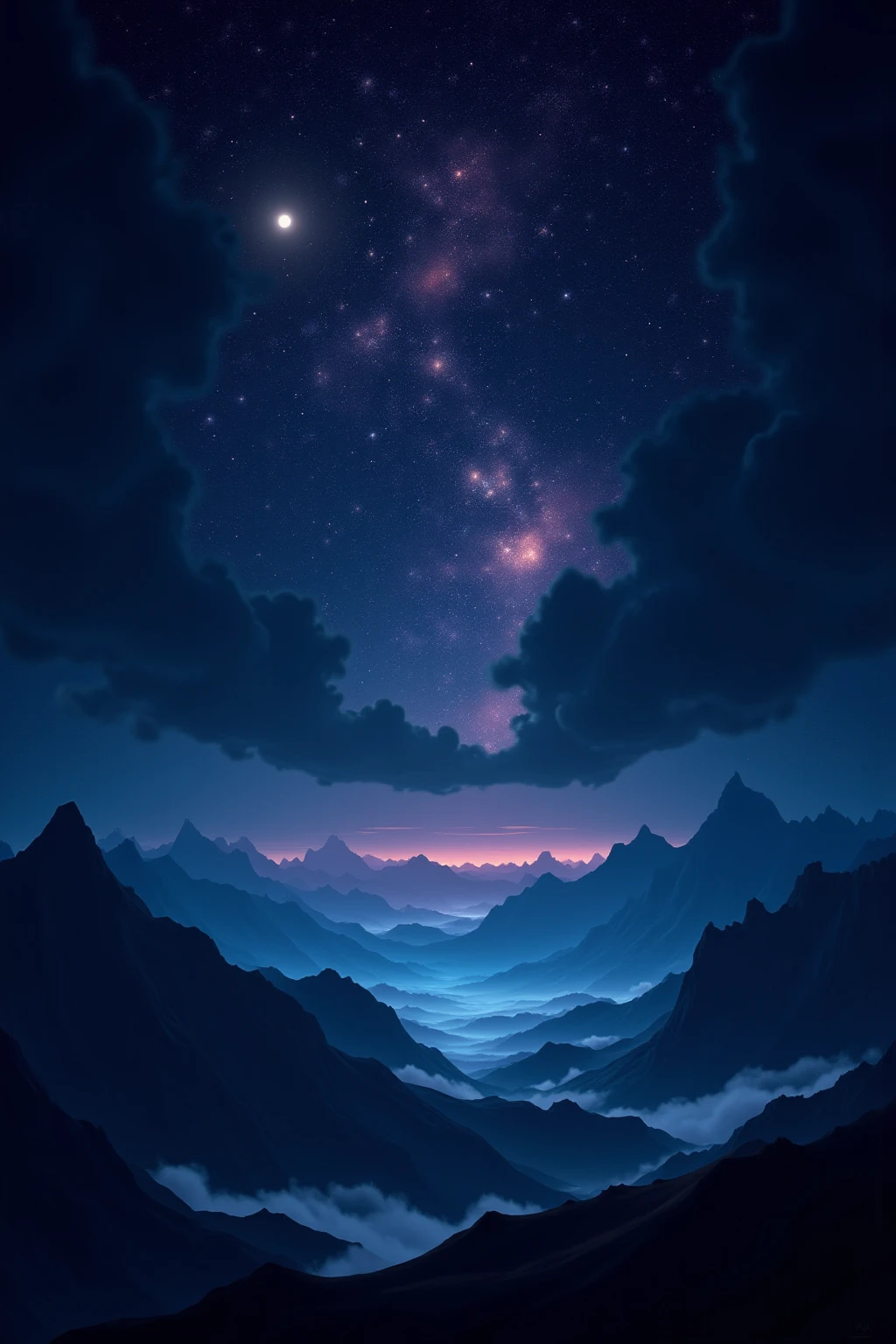starry night sky, galaxy, nebula, twinkling stars, moonlight, silhouetted mountains, serene landscape, atmospheric lighting, dramatic composition, cinematic tone, vibrant colors, (best quality,4k,8k,highres,masterpiece:1.2),ultra-detailed,(realistic,photorealistic,photo-realistic:1.37)