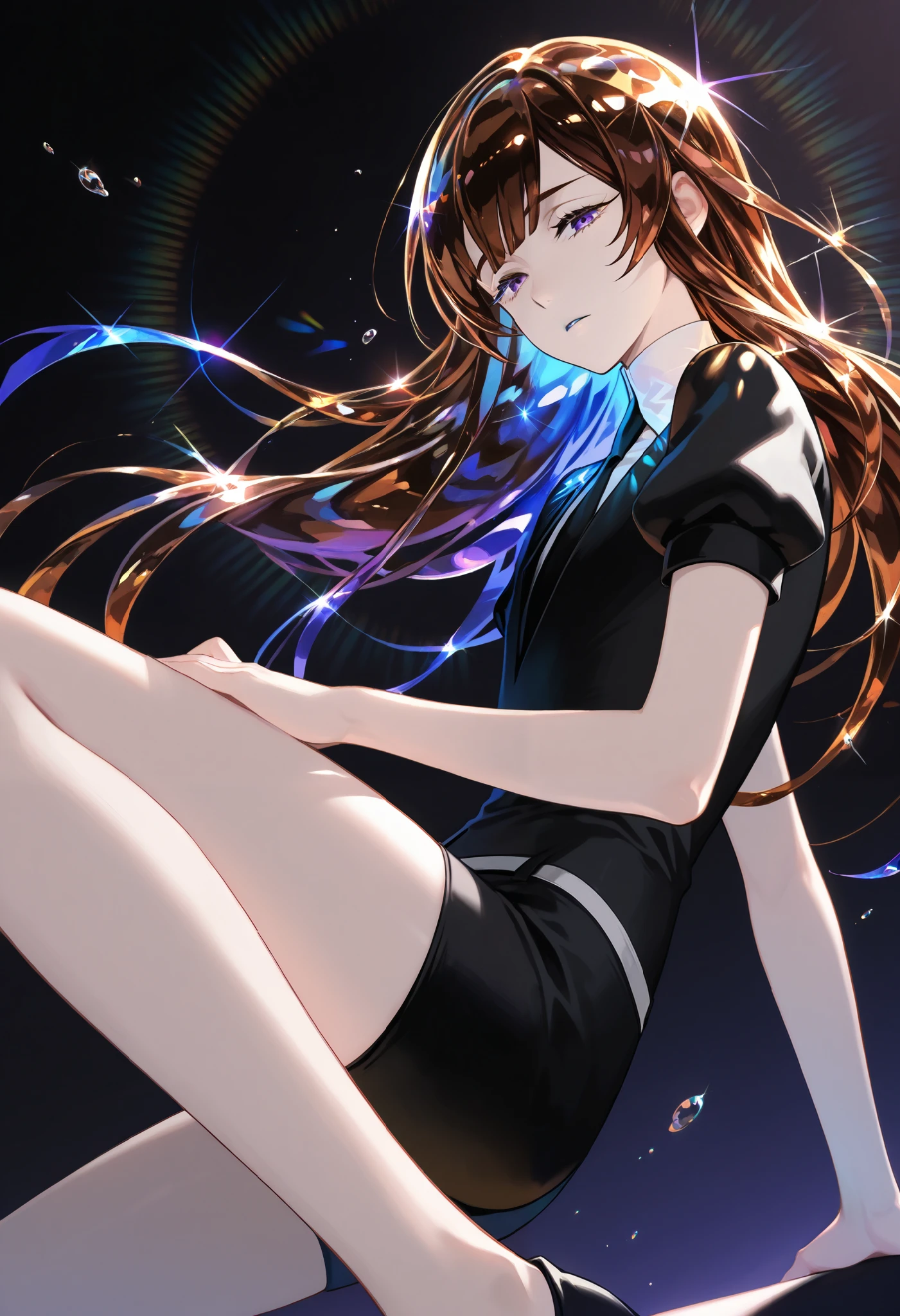 Beautiful, solo, long hair, brown hair, blue highlights, purple eyes, sharp eyes, white shirt, black suit, short sleeves, houseki no kuni
