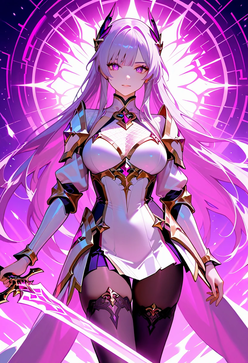 lunatic \(combat\), 1girl, solo, glowing, glowing eyes, long hair, looking at viewer, purple eyes, bangs, glowing eyes, energy barrier, large breasts, wide hips, thick thighs, <lora:lunatic-08:0.6>