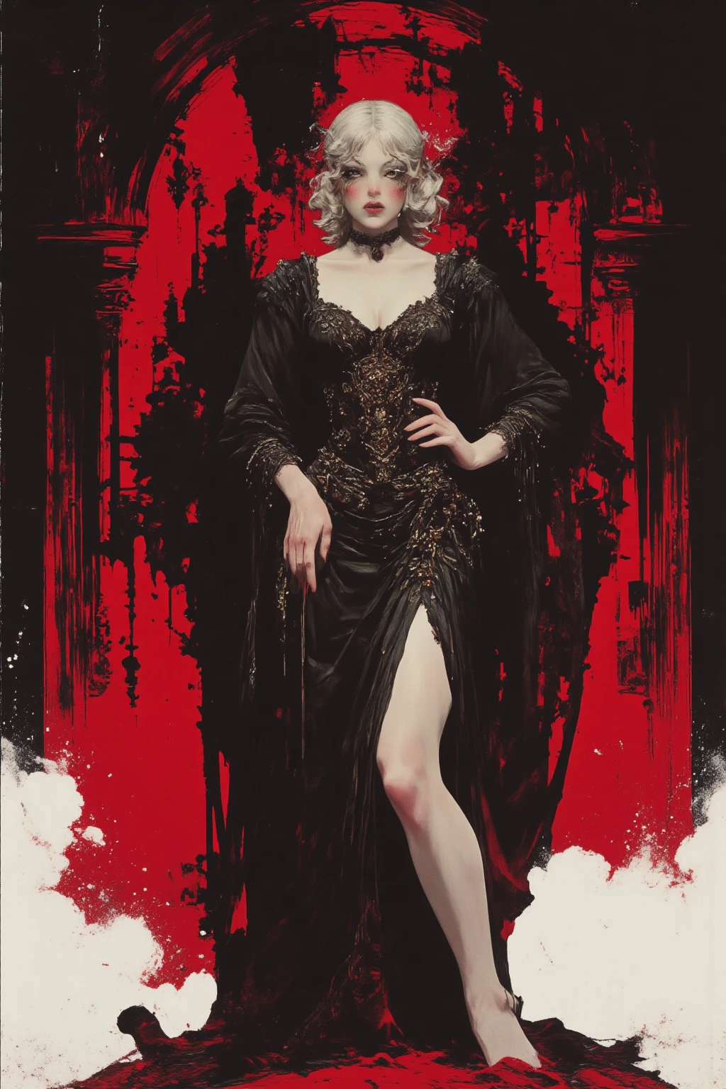 Vampire Marilyn Monroe (pale, deep black hair, blood red lips, fangs, slinky black dress deeply plunging neckline) emerging from a mysterious fog in a 1950s bedroom, she is hungry for viewer