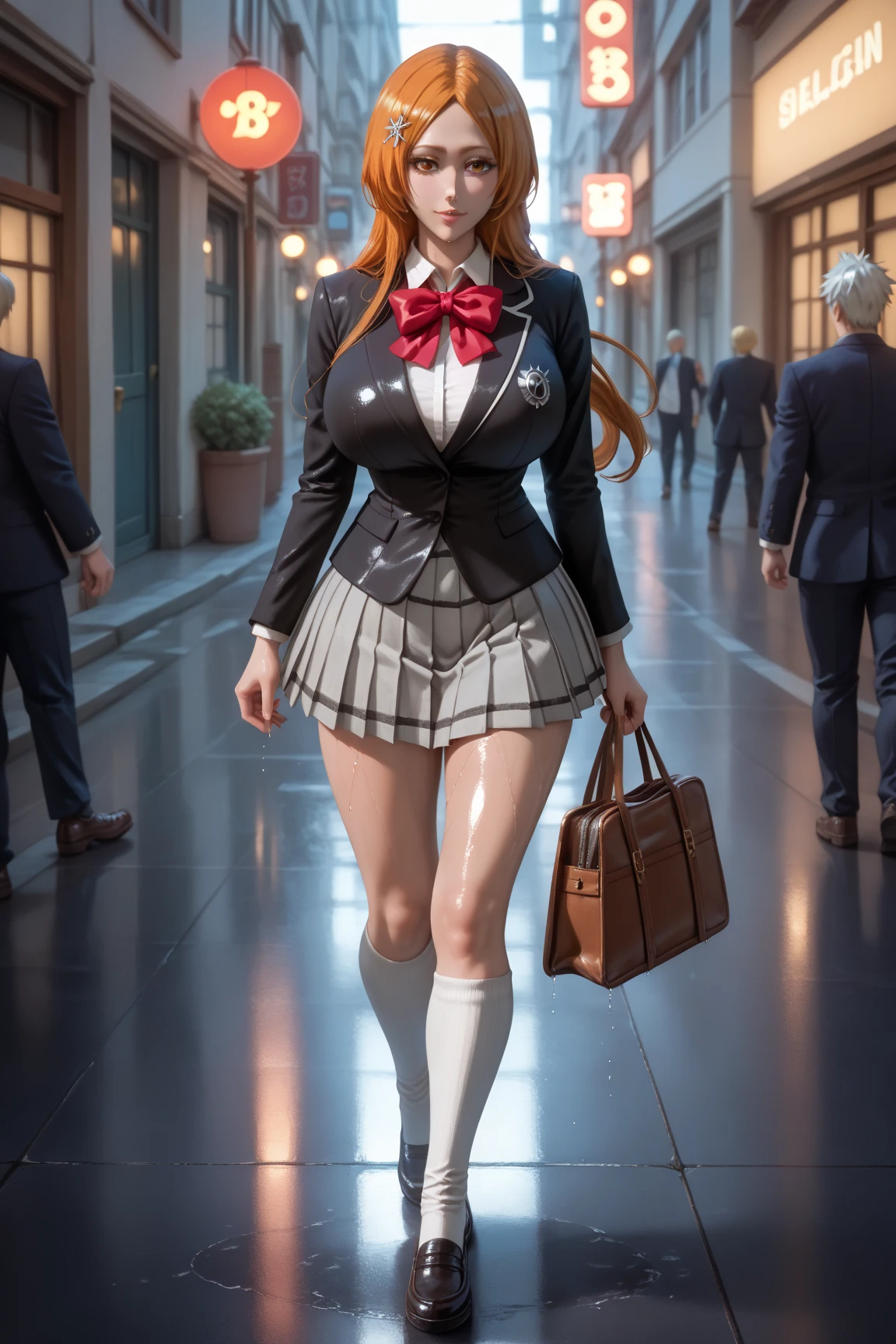 masterpiece, mid shot, arafly dressed woman with orange hair and a suitcase, a portrait inspired by Harriet Powers, trending on cg society, digital art, a hyperrealistic schoolgirl, hyperrealistic schoolgirl, dressed as schoolgirl, school girl, realistic schoolgirl, still from a live action movie, wearing skirt and high socks, promotional still, magical school student uniform, photo still, airport interior background, sexy, hyper sexual, revelando senos y nalgas, large breast, large ass, pies y manos extremadamente perfectos, ropa super transparente y entallada, pezones erectos extremely detailed, cameltoe