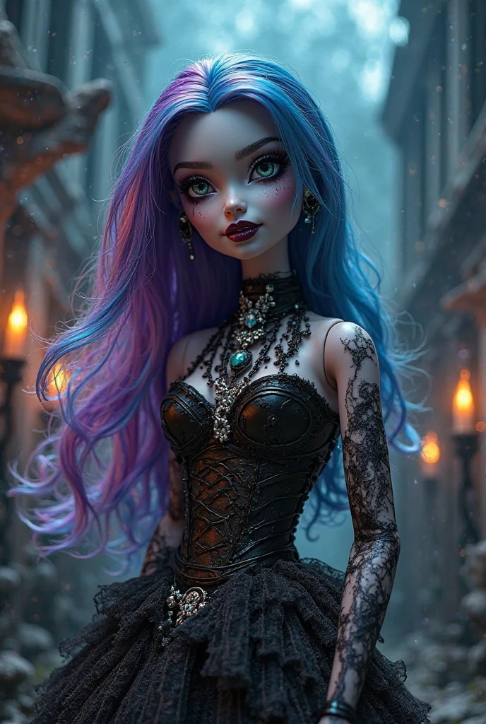 masterpiece, Amouranth as a goth girl with turquoise hair, wanting a kiss, Ultra Detailed, pink transparent smoke swirls around her, intricate and beautiful design, long black hair, highly detailed face, mesmerizing blue eyes, dark fantasy, dramatic lighting, cinematic lighting, ultra-realistic, highest quality, super detail