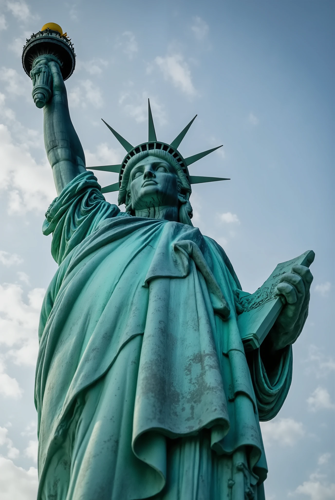 ultra wide angle，fisheye，front，The center of the picture is the Statue of Liberty，The face of the goddess is illuminated by soft scattered light，Clear paint texture，Real photographic texture，Professional lighting，Ultra High Resolution，8K Ultra HD only，cinematic graphics，Best Quality，Masterpiece

