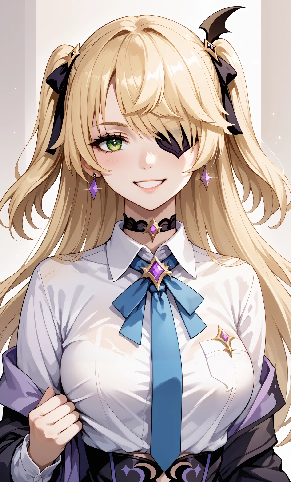 score_9, score_8_up, score_7_up, source_anime, 4K,perfect fingers,(perfect hands, perfect anatomy),prefect lighting, very aesthetic, intricate details,highly detailed background, masterpiece, high quality, best quality,
1girl,solo, fischl, fischl, long hair, bangs, ((blonde hair:1.5)), ribbon, green eyes, hair ribbon, hair over one eye, two side up, eyepatch, large breasts,,
wearing ((Black choker, Collared shirt, White shirt, Earrings, Blue tie, )),,
Grin in, looking at viewer, Upper Body,