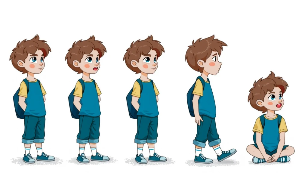 create an image of the left side, right side, front and back, background, bench, preferably a child with details, spiky hair, backpack on the back, green blouse, denim shorts with sneakers, cartoon drawing