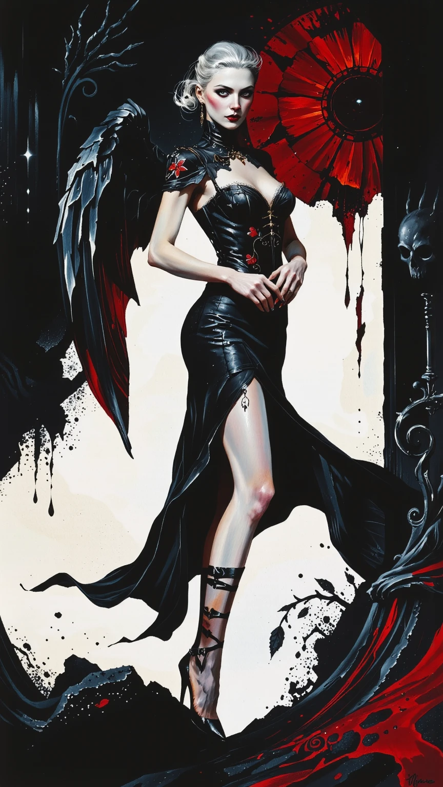 black and white and blue and red,(best quality, ultra-detailed, high resolution, extremely detailed cg),wide shot,dead angels stand on cliff edge,she is very beautiful,she like blood and sea,bloody rain, mystical,fanatic, intricate, surreal,delicate