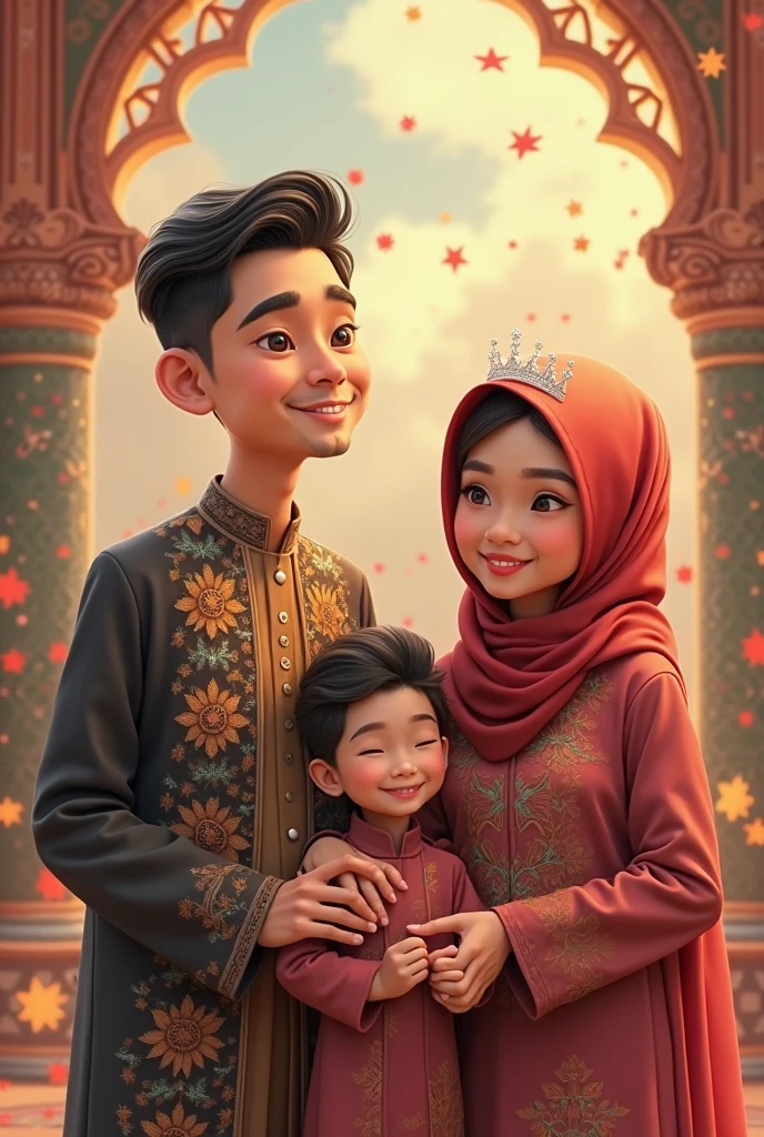 3D Cartoon, big head, Family, father and mother sitting, Mother wears hijab, and son standing, background of lake with lotus flowers in the water, beautiful clouds and sky, , Smile, beautiful hair, 3D render, 3D Cartoon, big head, cartoonish look, high resolution, super detail, soft lighting