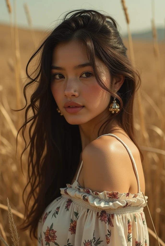 ((NSFW)), 8k, raw photo, best quality, high resolution, photorealistic, walking in a wheat field, in flowery dress, hair tied with bun, beautiful detailed face, detailed, high resolution, realistic, photorealistic, full body , head to toe, legs, dark skin, pores, wrinkles, extremely detailed CG unity 8k wallpaper), photo of the most beautiful work of art in the world, majestic professional (photographed: Steve McCurry), 8k uhd , DSLR, soft lighting, high quality, film grain, sharp focus Fujifilm XT3, f5.6, high details, sharpness, spectacular, (looking at the viewer: 1.2), (natural light),