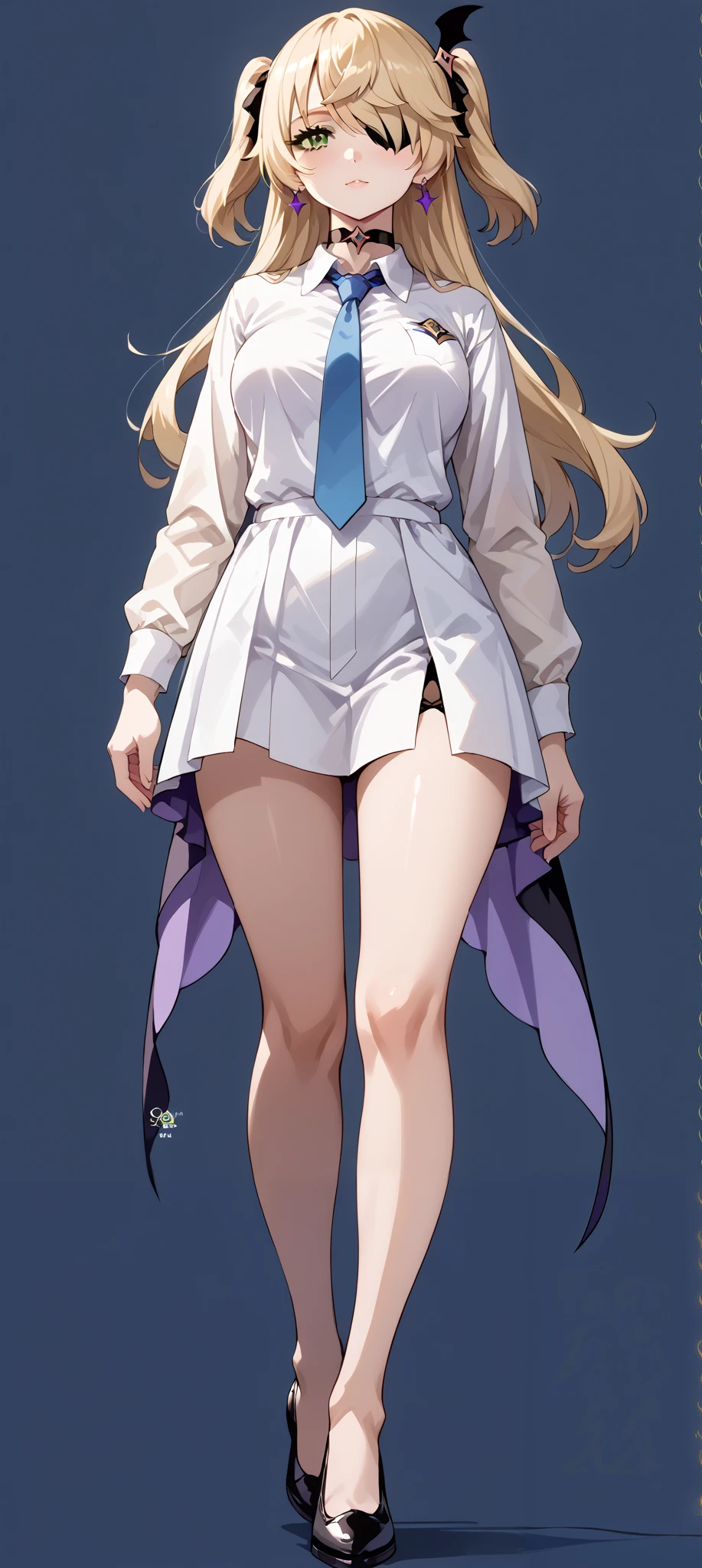score_9, score_8_up, score_7_up, source_anime, 4K,perfect fingers,(perfect hands, perfect anatomy),prefect lighting, very aesthetic, intricate details,highly detailed background, masterpiece, high quality, best quality,
1girl,solo, fischl, fischl, long hair, bangs, ((blonde hair:1.5)), ribbon, green eyes, hair ribbon, hair over one eye, two side up, eyepatch, large breasts,,
wearing ((Black choker, Collared shirt, White shirt, Earrings, Blue tie, )),,
Female standing pose,
