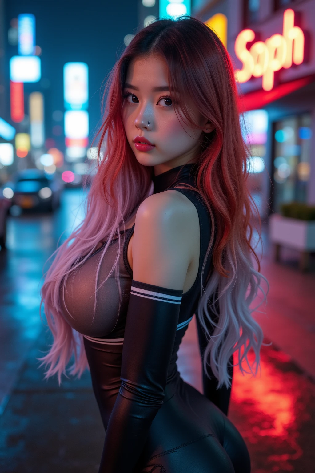 analog style, model shoot style, photo ((selfie:1.8)) of a girl, 1girl, (cyberpunk:1.8, cyberpunk city background:1.8), ((cutest face: 1.8, perfect face:1.3)), (long multicolored hair:1.4, pale skin:1.5),
(from above:1.2), best quality, epic (by lee jeffries photo, sony a7, 50 mm, pores:1.5, colors, hyperdetailed:1.5, film grain:1.4,
hyperrealistic: 1.5), hyper-realistic lifelike texture, masterpiece, unreal engine 5, Extremely detailed CG unity 8k wallpaper, realistic eyes,
Madly detailed photo, (ecstasy of light and shadow, deep shadow), (Winner of the Pulitzer Prize for Photography and Taylor Wessing Photographic Prize) Jennie Kim, sexy pose, whole body,
