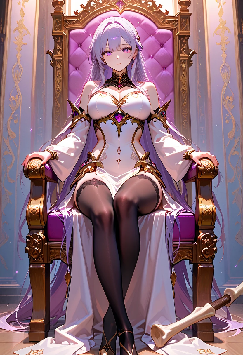 young girl, long curly lilac hair, violet eyes, Sheep horns, princess dress, open breasts, large breasts, sitting in a wheelchair, Masterpiece, hiquality, higly detailed, HD, 4k