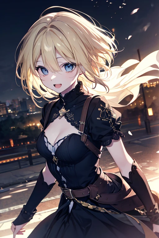 Short small girl, short blond hair with blaids, witch sexy cosplay, beautiful detailed eyes, skinny, kinky low smile, night street background, lifting chest, big breasts, Cleavage, small waist