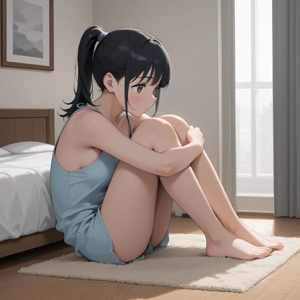there is a woman that is laying down on a bed,Hand on chin, sitting on her bed, posing in bed, Sitting on the bed, sit on a bed, on my bed, Korean girl, pretty face with arms and legs, feet posing, young cute wan asian face, 8K)), while posing in the same bed