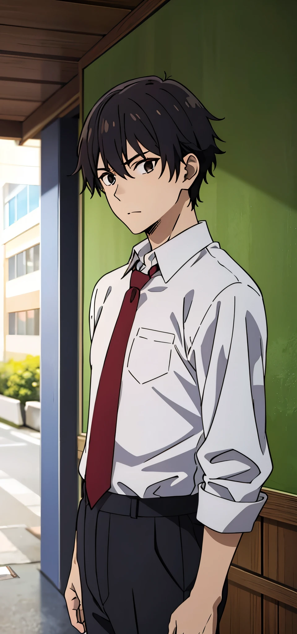 anime boy wearing white shirt, red tie, black pants, sleeves fold , sleeves folding