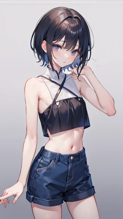 15 year old teenage  anime style, clear skin, short hair, purple hair, violet eyes, small breasts, short dark green skirt, wearing a purple bra 
