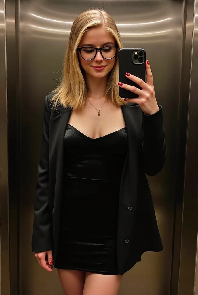 Photograph of a 40-year-old woman, chubby, blond hair, con gafas, obra maestra, brassiere, ropa interior, sujetador_negro, chaqueta, bragas_negras