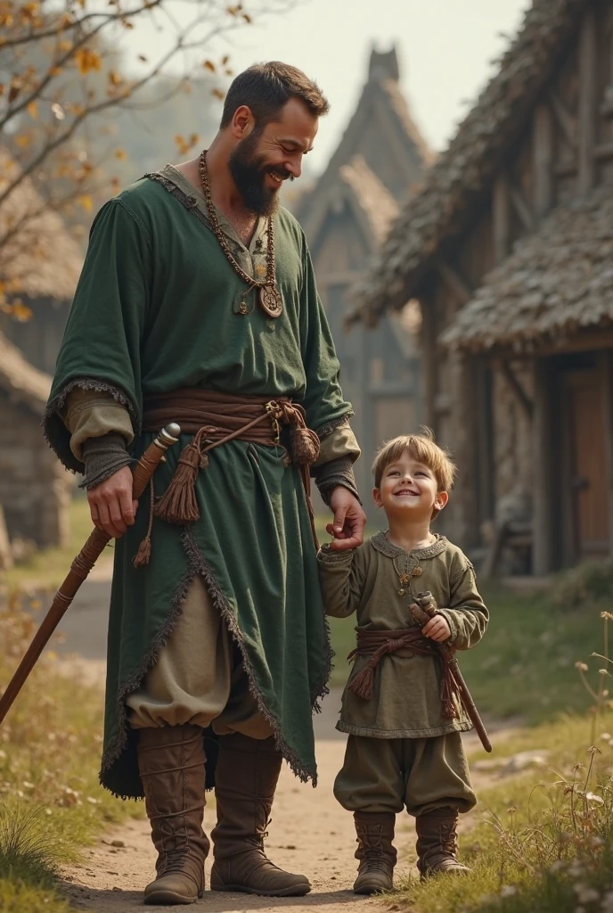 High fantasy, dwarf on right holding goblin on left, mythic background