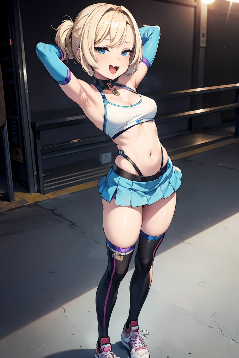 (((best quality))), (((high resolution))), (((masterpiece))), ((ultra-detailed)), (illustration), ((an extremely delicate and beautiful)), ((super detail)), (((20 years old))), ((adult)), (((tall))), gleaming skin, shiny body, breast focus, (((ultra-huge breasts))), elegant smile, ((big round eyes)), cute eyes, drooping eyes, two hands, five fingers, no extra hands, two legs, slender legs, ((biopunk)), ((metallic cloth)), (android), gynoid, delicate metal decorations, (medium length hair), (hair shorter than shoulder), braid, (see-through), mini skirt, ((midriff-baring outfit)), (shining brightly), outdoor, daytime, city, (dark blond), (cheerleader), ((metallic blue)), (metallic shining competition bikini), (spread legs), (arms behind head), camel toe, (sit with legs stretched out), (((sfw))), ((wink)),