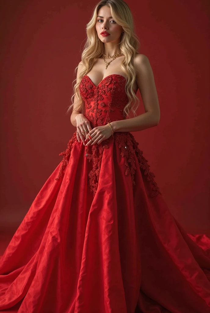 European and American women, A fashion model, Wear a red evening gown, Glamour, paparazzi taking pictures of her, Blonde hair, Brown eyes, 8K, High quality, Masterpiece, Best quality, HD, Extremely detailed, voluminetric lighting, Photorealistic