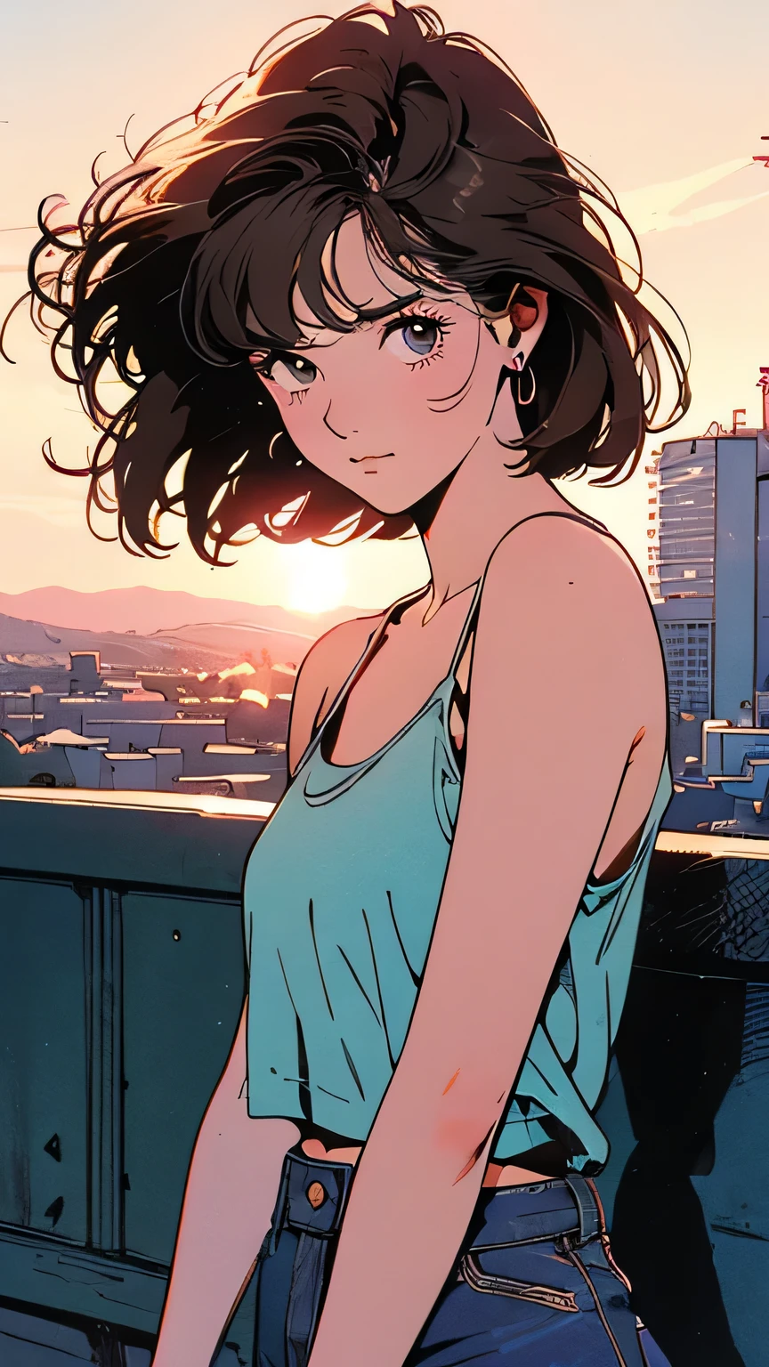pastel illustration:2.0, Breathtaking beauty, beautiful animation of the sun rising above the horizon, dynamic composition, Angle of view above the knee, Frontal View, Regional City with Slopes, cityscape of Shumigaoka, 1 Beautiful Japanese Woman, 80s high school girl, High Quality, 8k, light brown hair, Bob cut hair swaying in the wind , brush up your hair, body-fitting tank top, camisole:1.21, natural lighting, detail hair, completely complete, 80s Fashion , retro color, top quality, detailed background, Complex Backgrounds, sunset, Emotional Lighting,