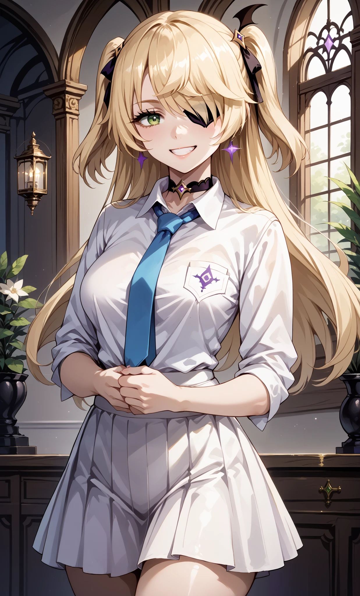 score_9, score_8_up, score_7_up, source_anime, 4K,perfect fingers,(perfect hands, perfect anatomy),prefect lighting, very aesthetic, intricate details,highly detailed background, masterpiece, high quality, best quality,
1girl,solo, fischl, fischl, long hair, bangs, ((blonde hair:1.5)), ribbon, green eyes, hair ribbon, hair over one eye, two side up, eyepatch, large breasts,,
wearing ((Black choker, Collared shirt, White shirt, Earrings, Blue tie, white skirt, )),,
Grin in, looking at viewer, Standing, A sagging breast,